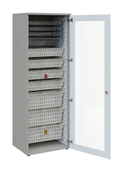 EUROMEDICA S - 66 skříň léková boxová, 1-dveřová/prosklená, pravá, 1950x660x535, korpus šedý, dvířka bílá